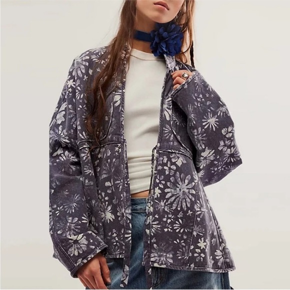 NWOT Free People Lua Bed Jacket XS Blue White Floral - Picture 4 of 10